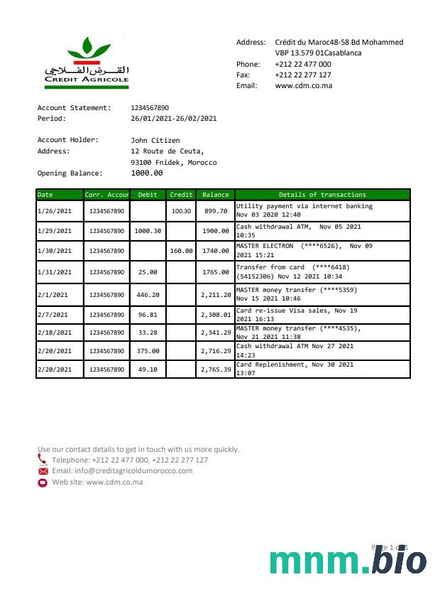 Szablon wyciągu bankowego Morocco Credit Agricole w programie Word i PDF